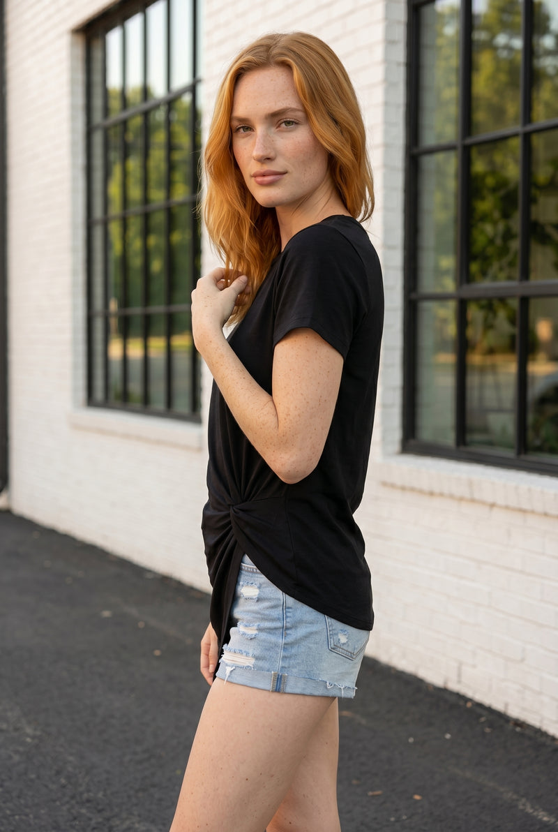 Short Sleeve Asymmetric Top with Twist Detail in black – photo 2