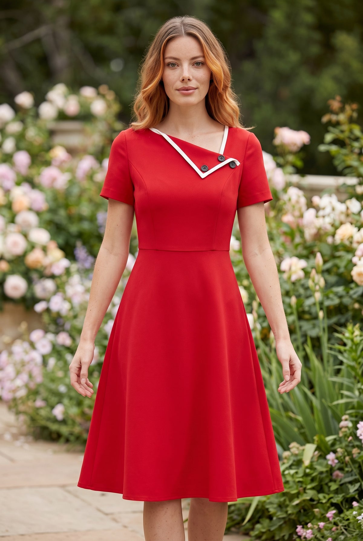 Kurzarm Midikleid mit asymmetrischem Ausschnitt in Rot – Foto 5