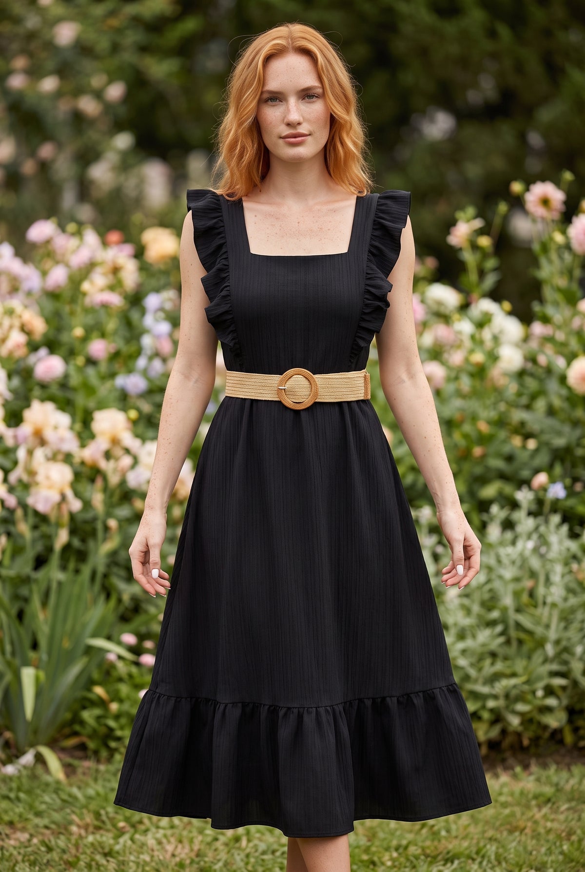 Black Midi Dress with Ruffled Straps and Square Neck – photo 5