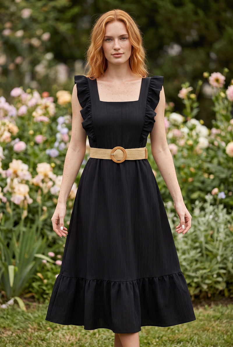 Black Midi Dress with Ruffled Straps and Square Neck – photo 5