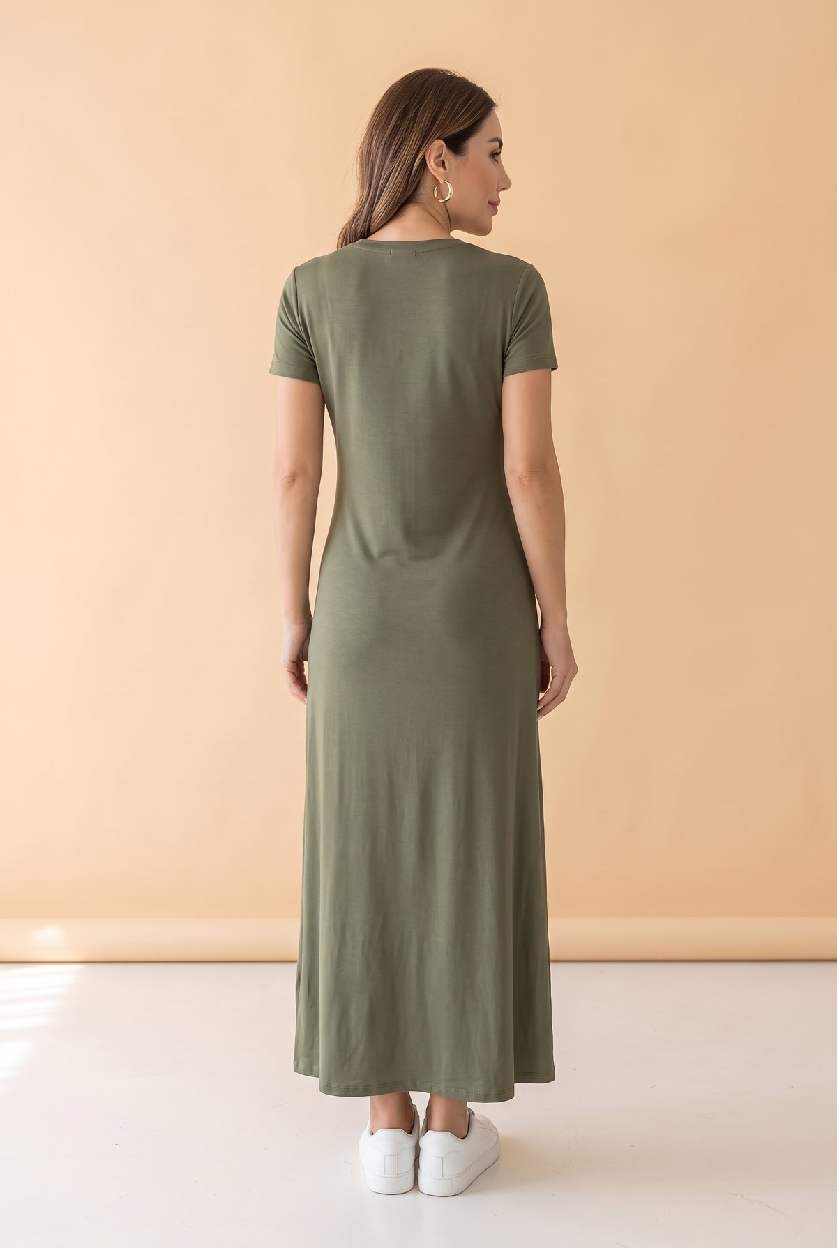 Short Sleeve V-Neck Viscose Maxi Dress with Slit in khaki – photo 4