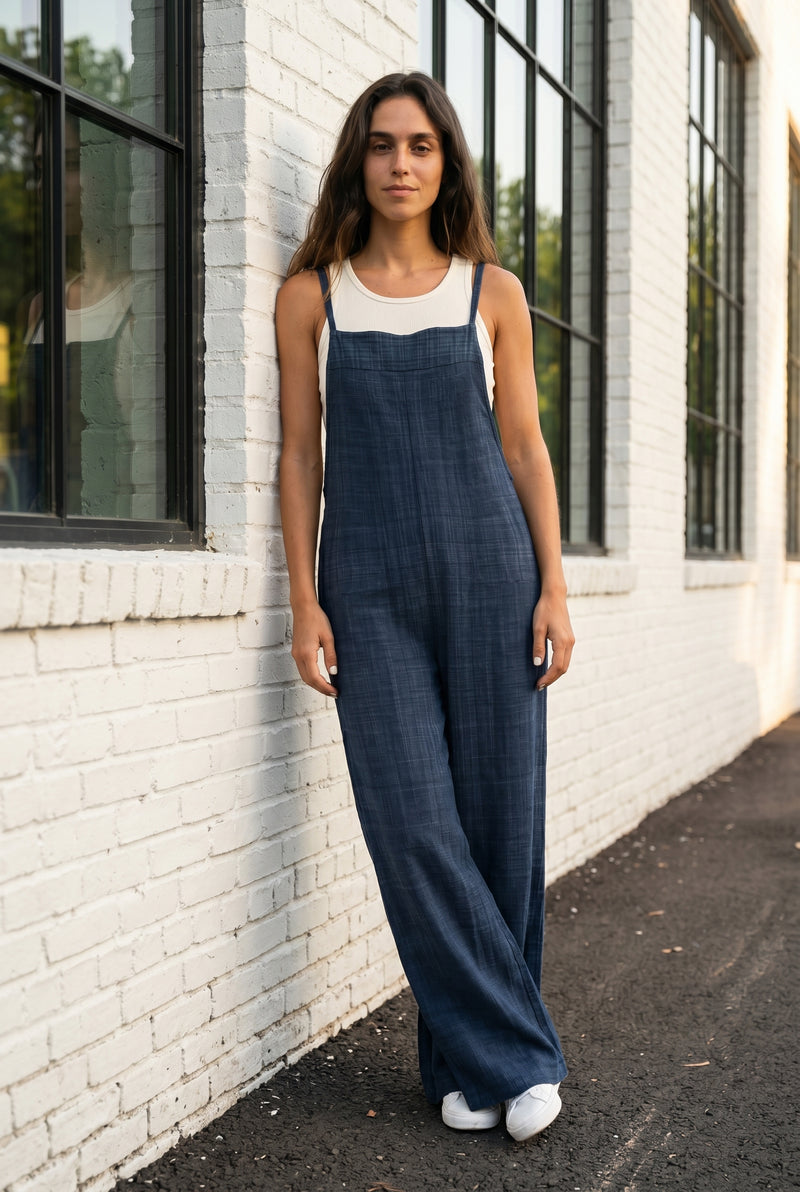 Wide Leg Strappy Linen Blend Jumpsuit in blue