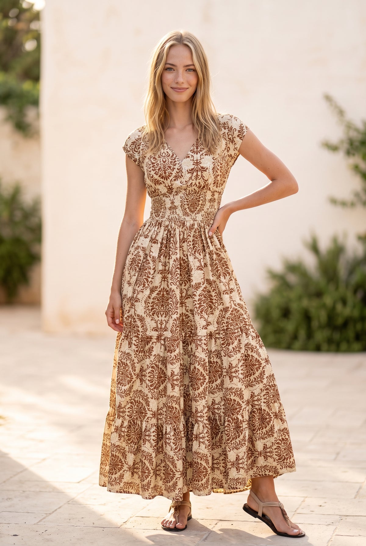 Polka Dot Wrap Maxi Dress with Short Sleeves in brown 1 – photo 5