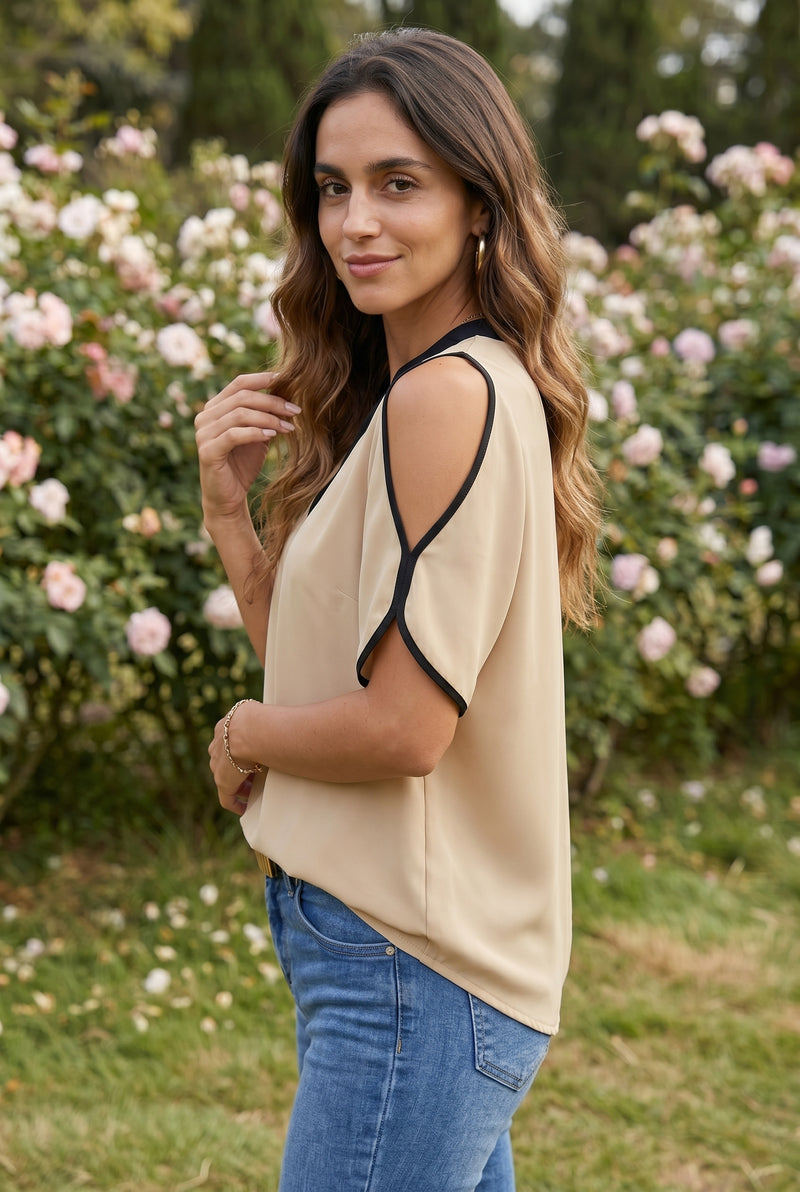 Short Sleeve V Neck Crepe Top with Cutouts in beige – photo 3