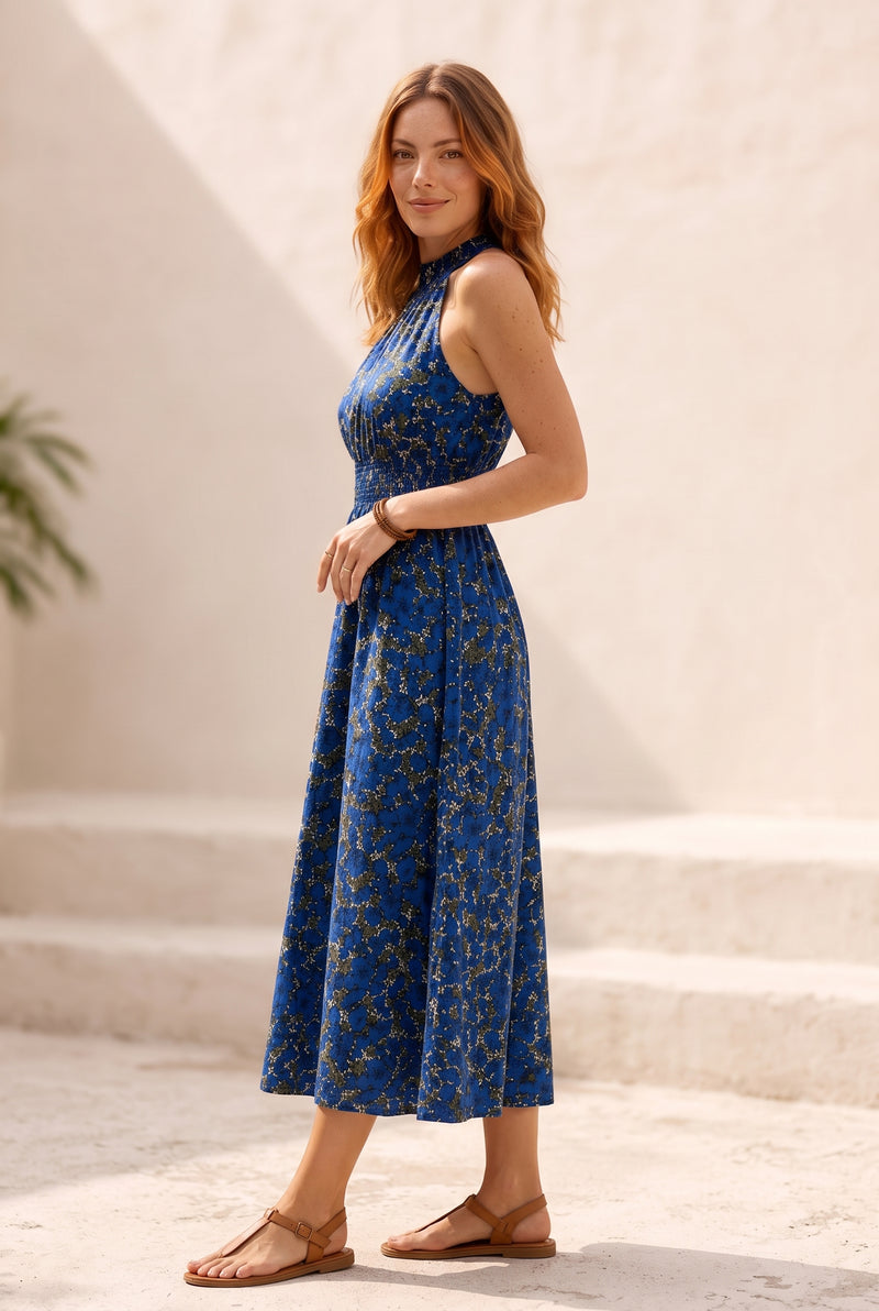 Blue Floral Halter Neck Midi Dress with Smocked Waist – photo 4