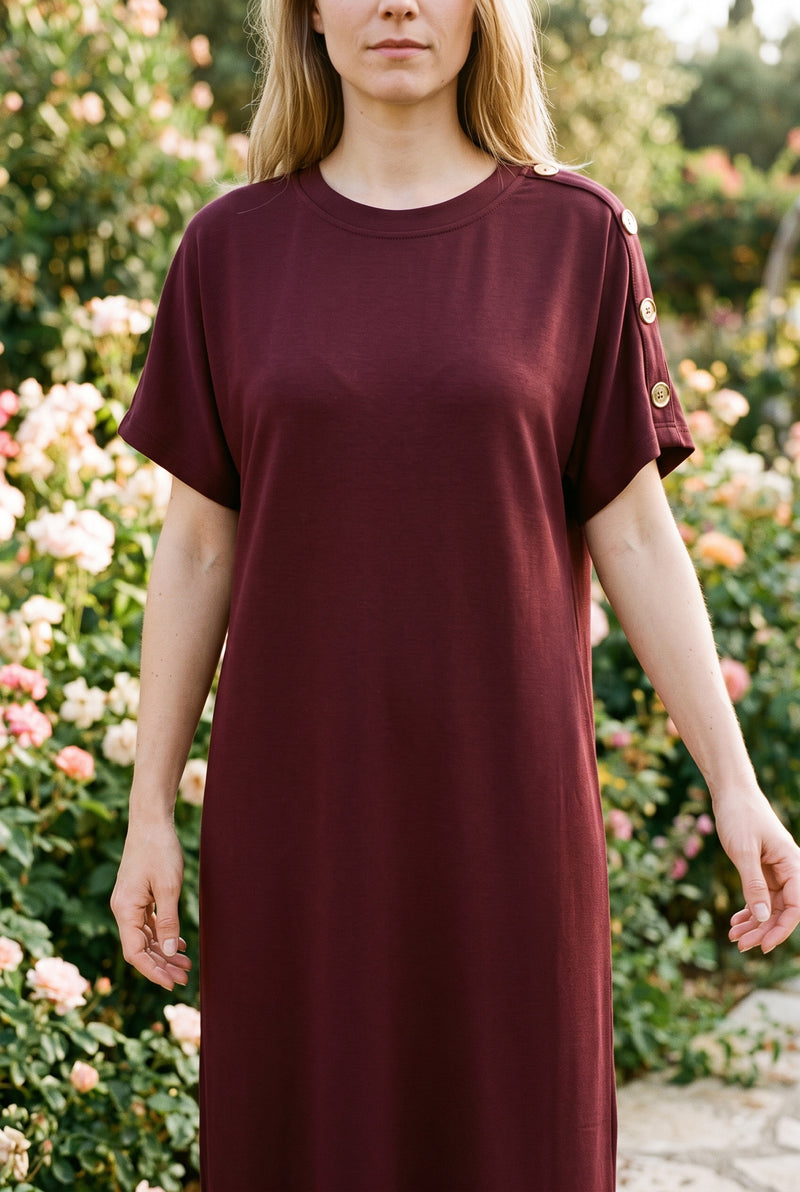 Short Sleeve Crew Neck Midi Dress with Shoulder Buttons in burgundy – photo 5