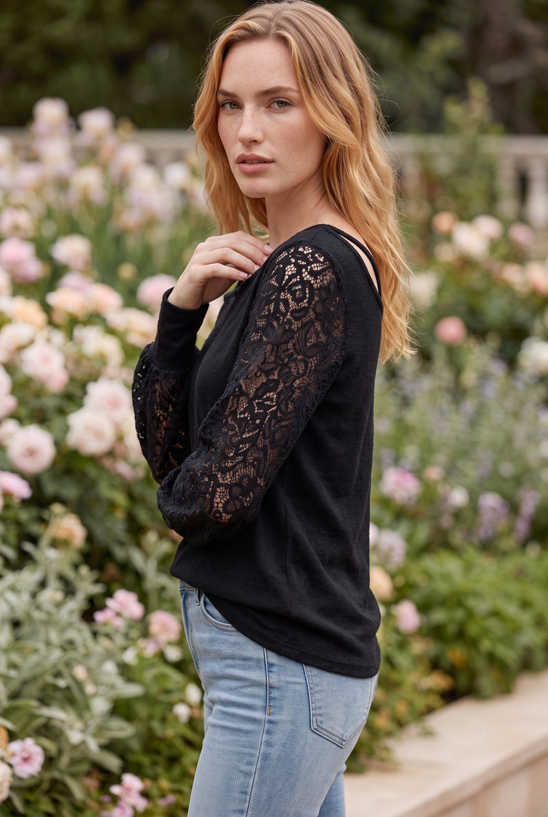 Schwarze Langarmbluse mit Spitze und One-Shoulder – Foto 2