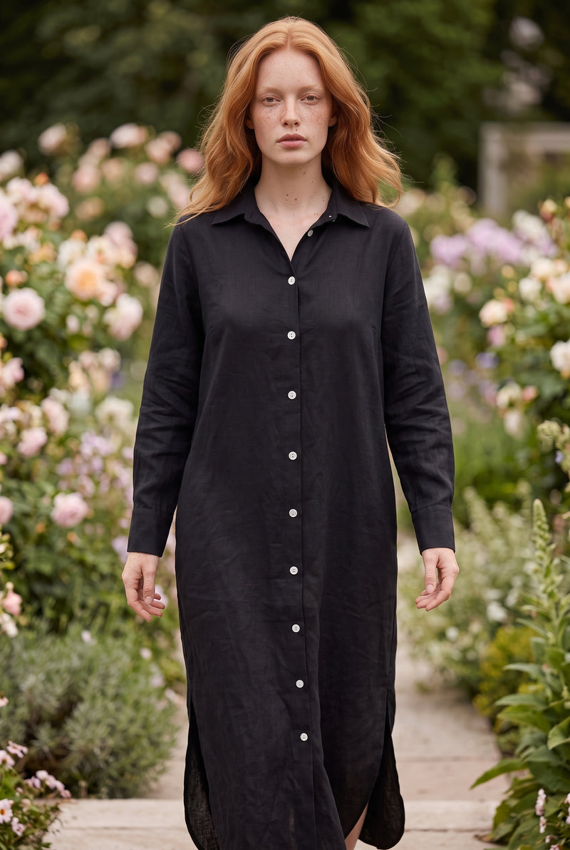 Long Sleeve Buttoned Maxi Shirt Dress with Side Slits in black – photo 3