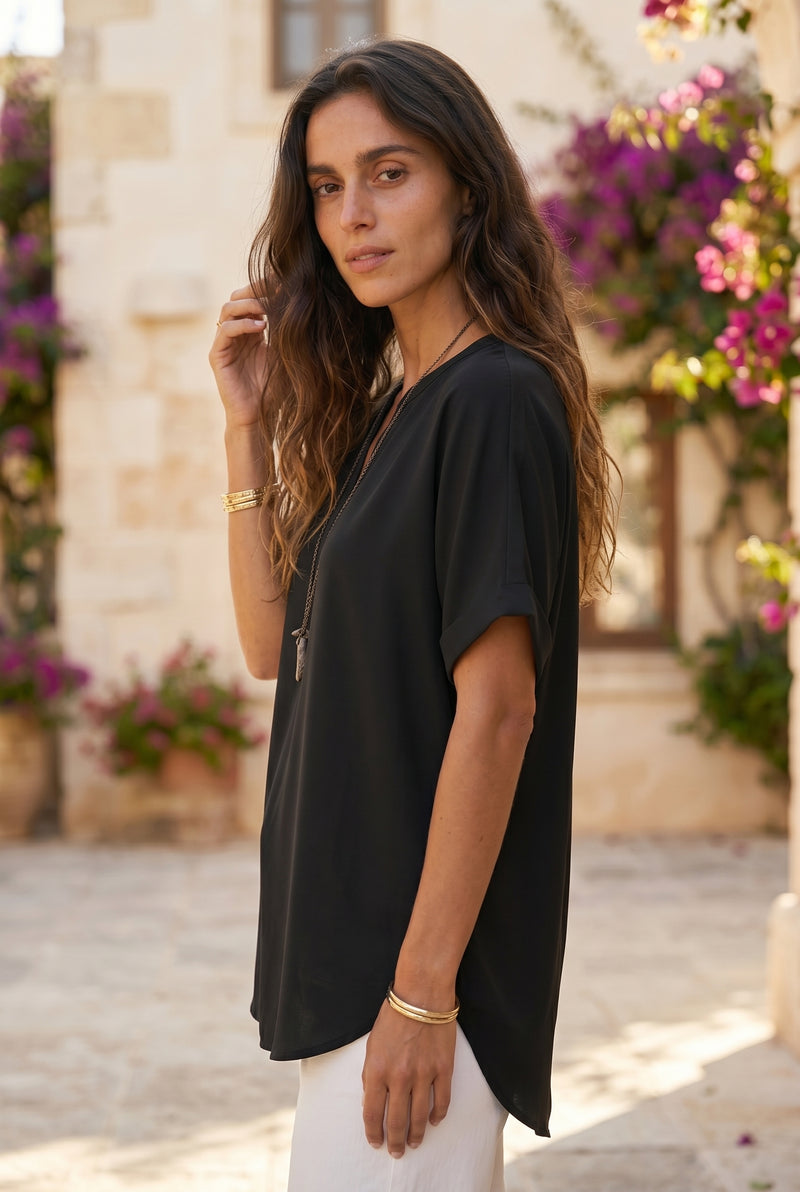 Short Sleeve Mandarin Collar Long Top in black – photo 2