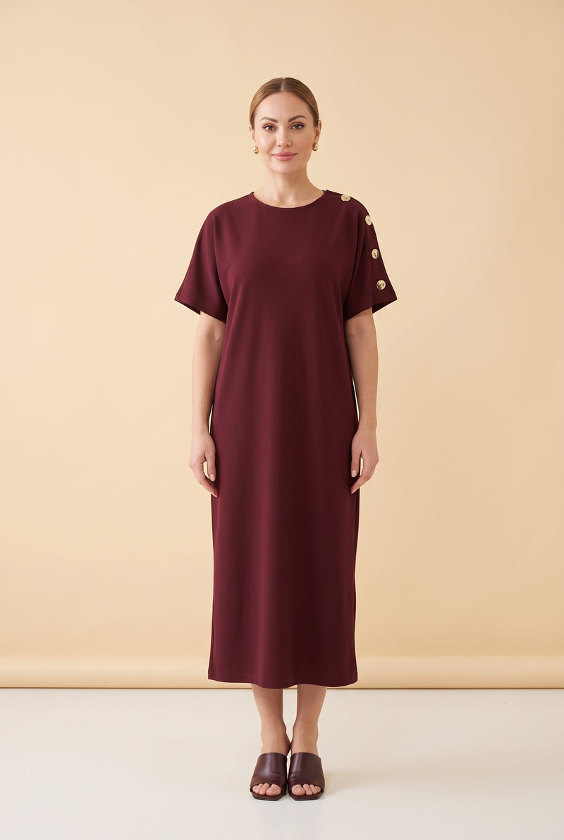 Short Sleeve Crew Neck Midi Dress with Shoulder Buttons in burgundy