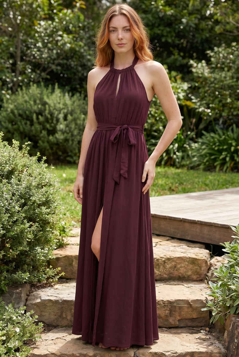 Halter Neck Crepe Maxi Dress with Slit in burgundy – photo 5