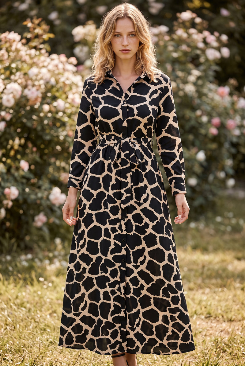Leopard Print Long Sleeve Maxi Dress with Belt in black – photo 5