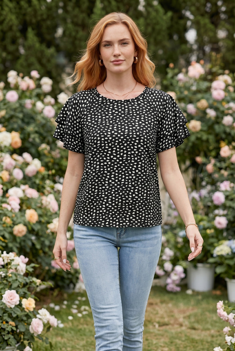Black Printed Ruffled Short Sleeve Top – photo 3