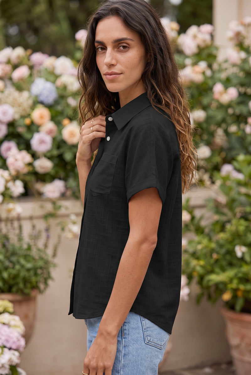 Chemise Manches Courtes Boutonnée à Poches, coloris noir – photo 2