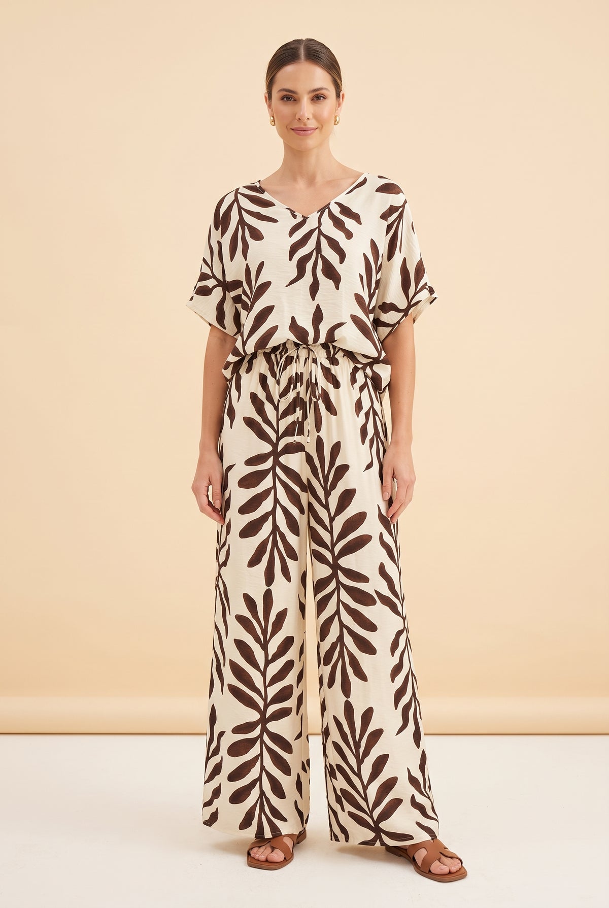 Brown Printed Short Sleeve Wide Leg Jumpsuit