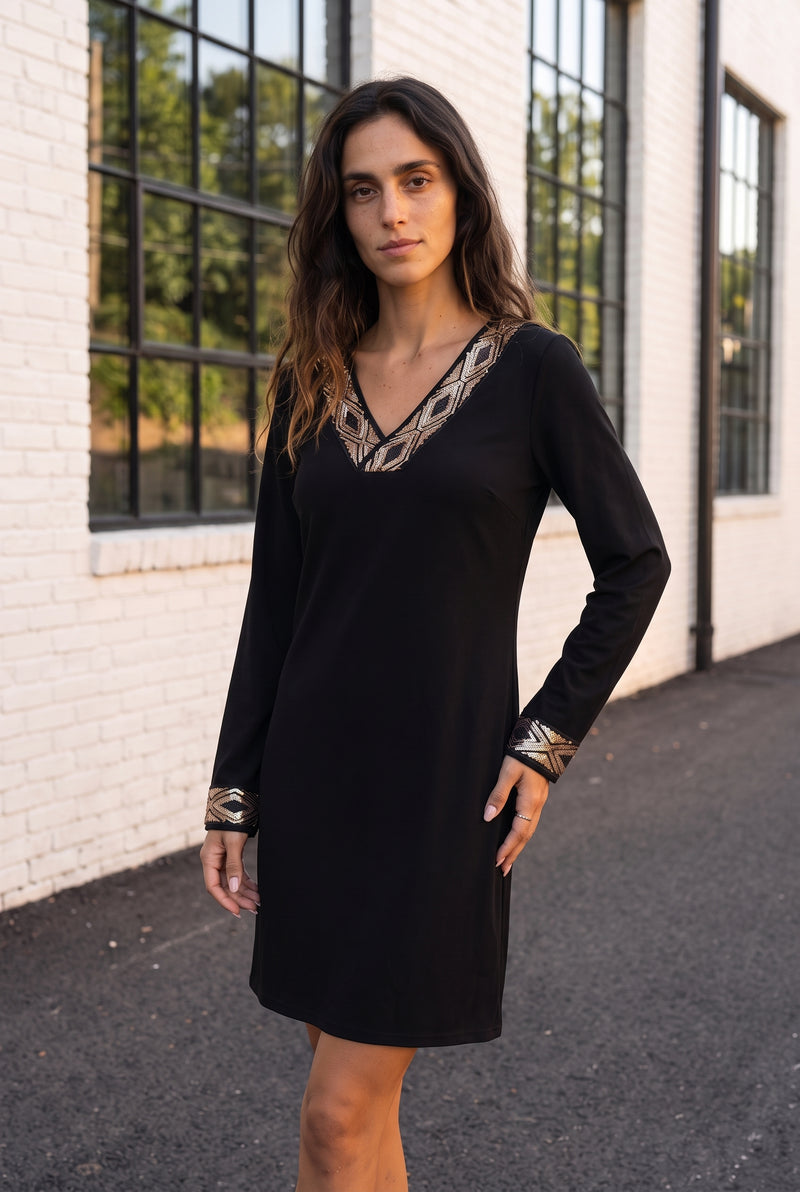 Robe courte noire à manches longues et sequins – photo 4