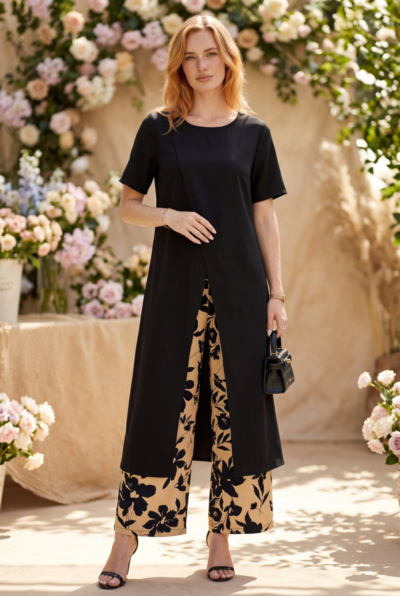 Black Short Sleeve Floral Wide Leg Co-ord Set – photo 2