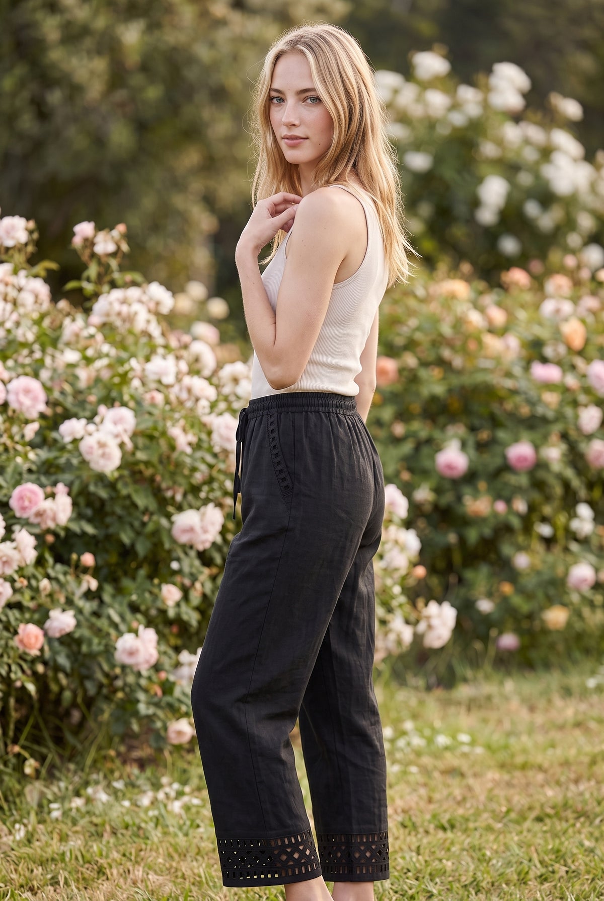 Black Elasticated Waist Linen Trousers with Lace Hem – photo 2