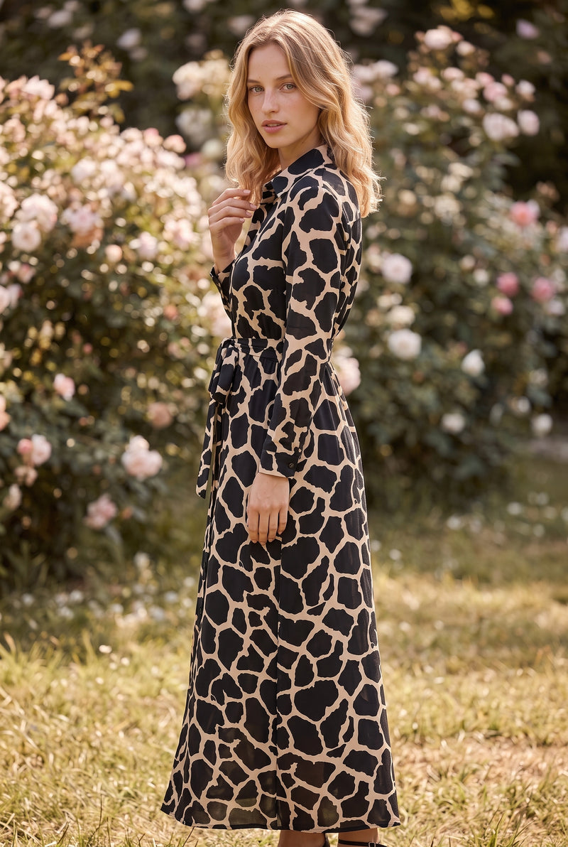 Leopard Print Long Sleeve Maxi Dress with Belt in black – photo 2