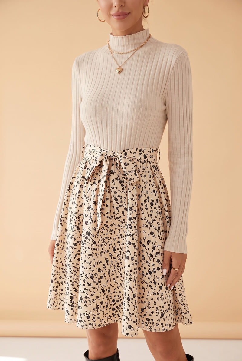 Beige Long Sleeve Mini Dress with Floral Skirt – photo 5