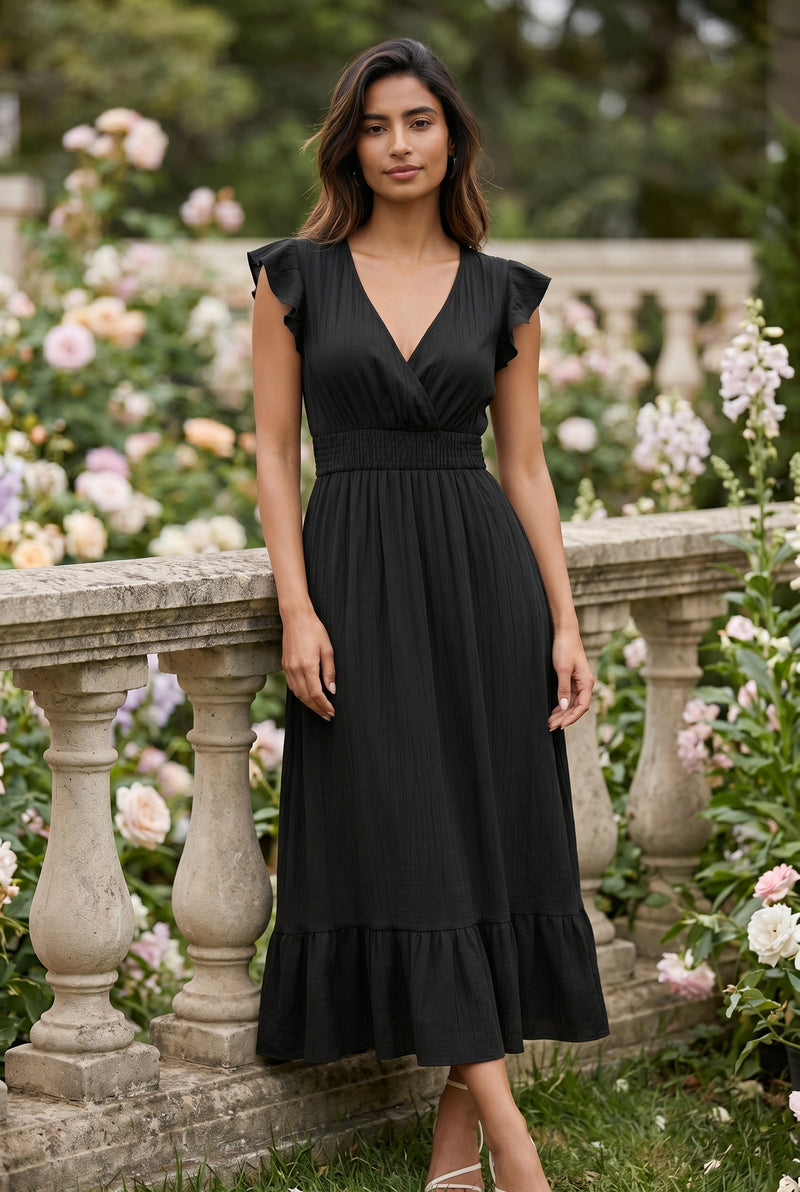 Short Sleeve Wrap Midi Dress with Ruffle Hem in black – photo 2