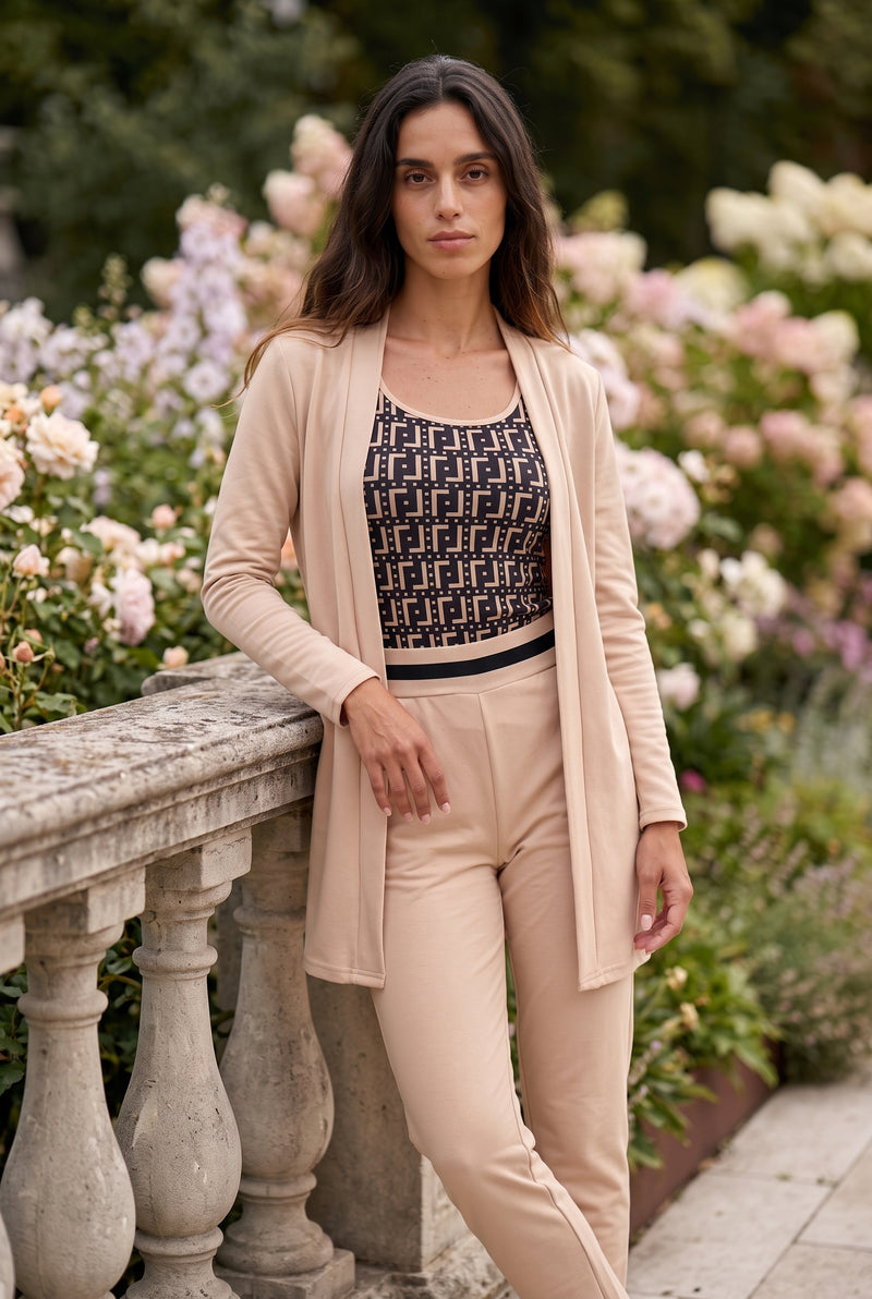 Langarm Zweiteiler in Beige mit Print-Top