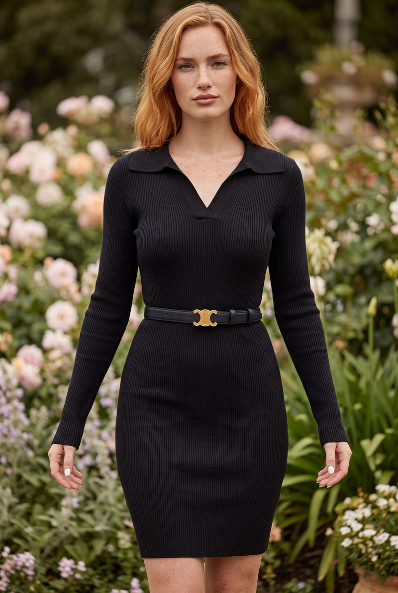 Schwarzes Minikleid mit Kragen und langen Ärmeln – Foto 5