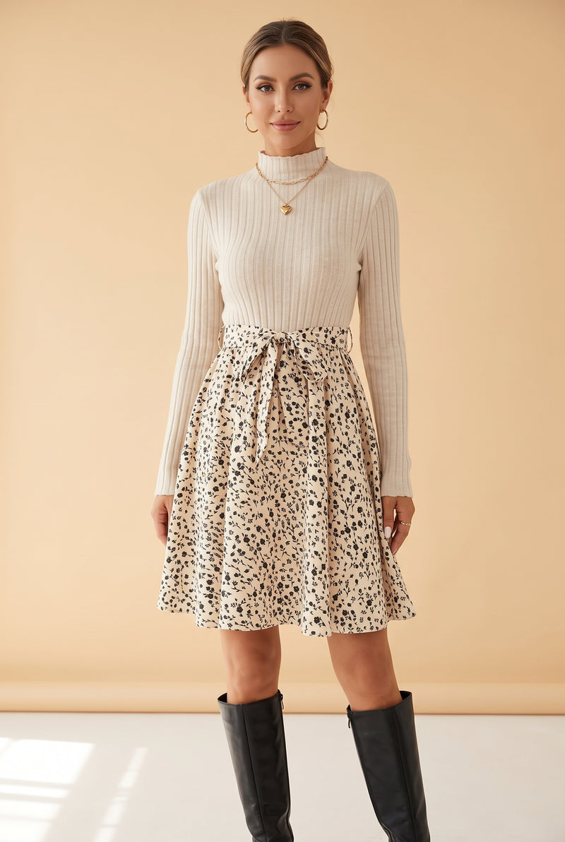 Beige Long Sleeve Mini Dress with Floral Skirt