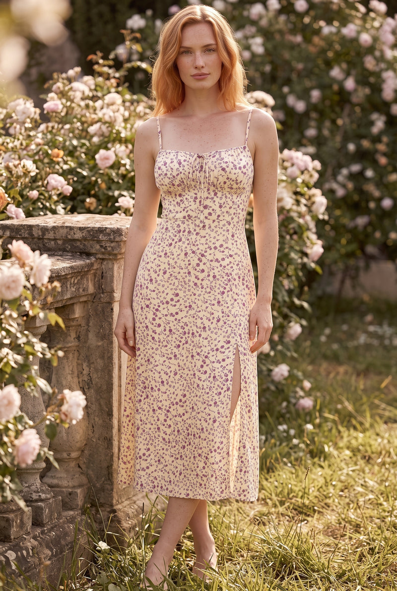 White Floral Midi Dress with Slit