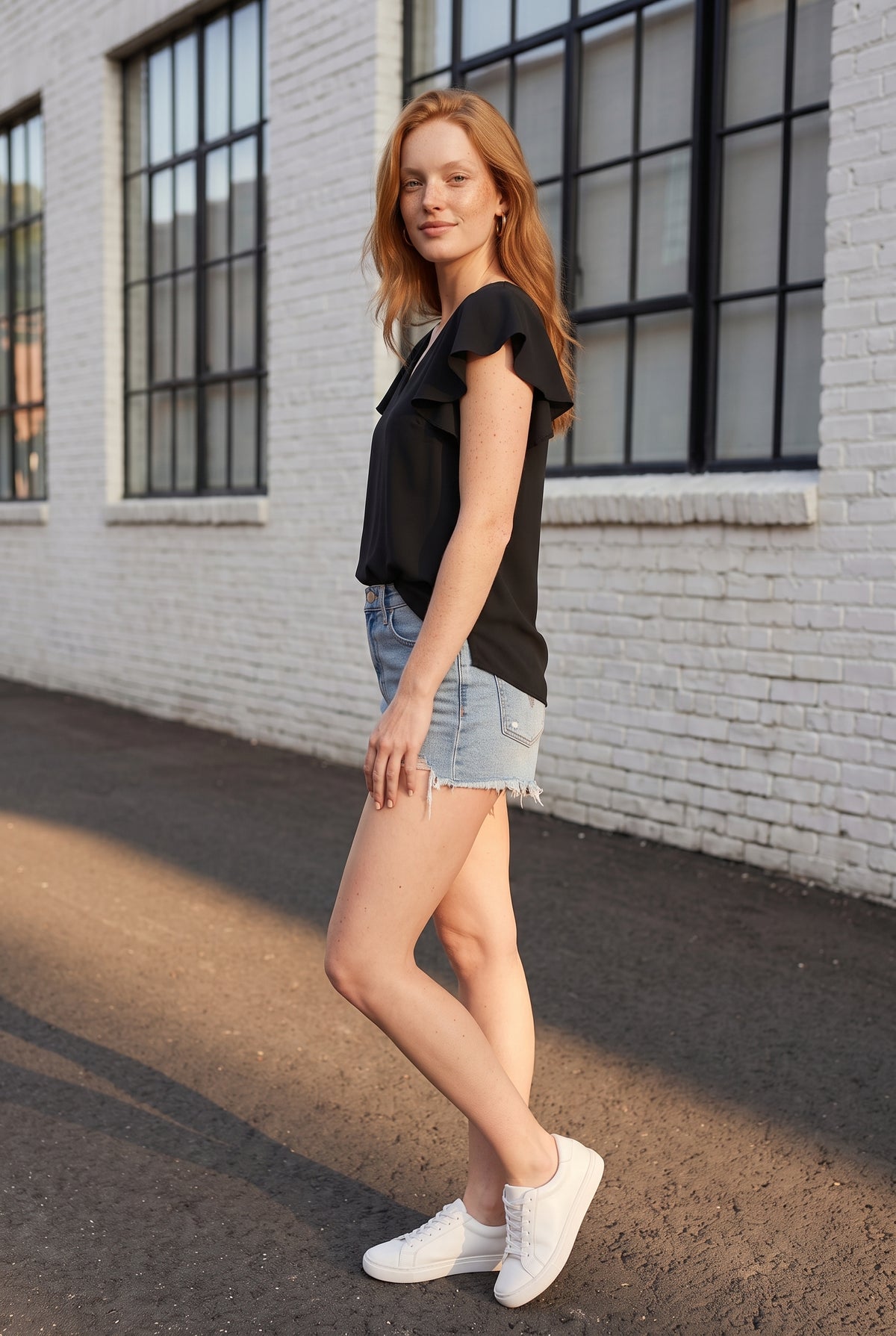 Black V Neck Top with Flounced Short Sleeves – photo 4