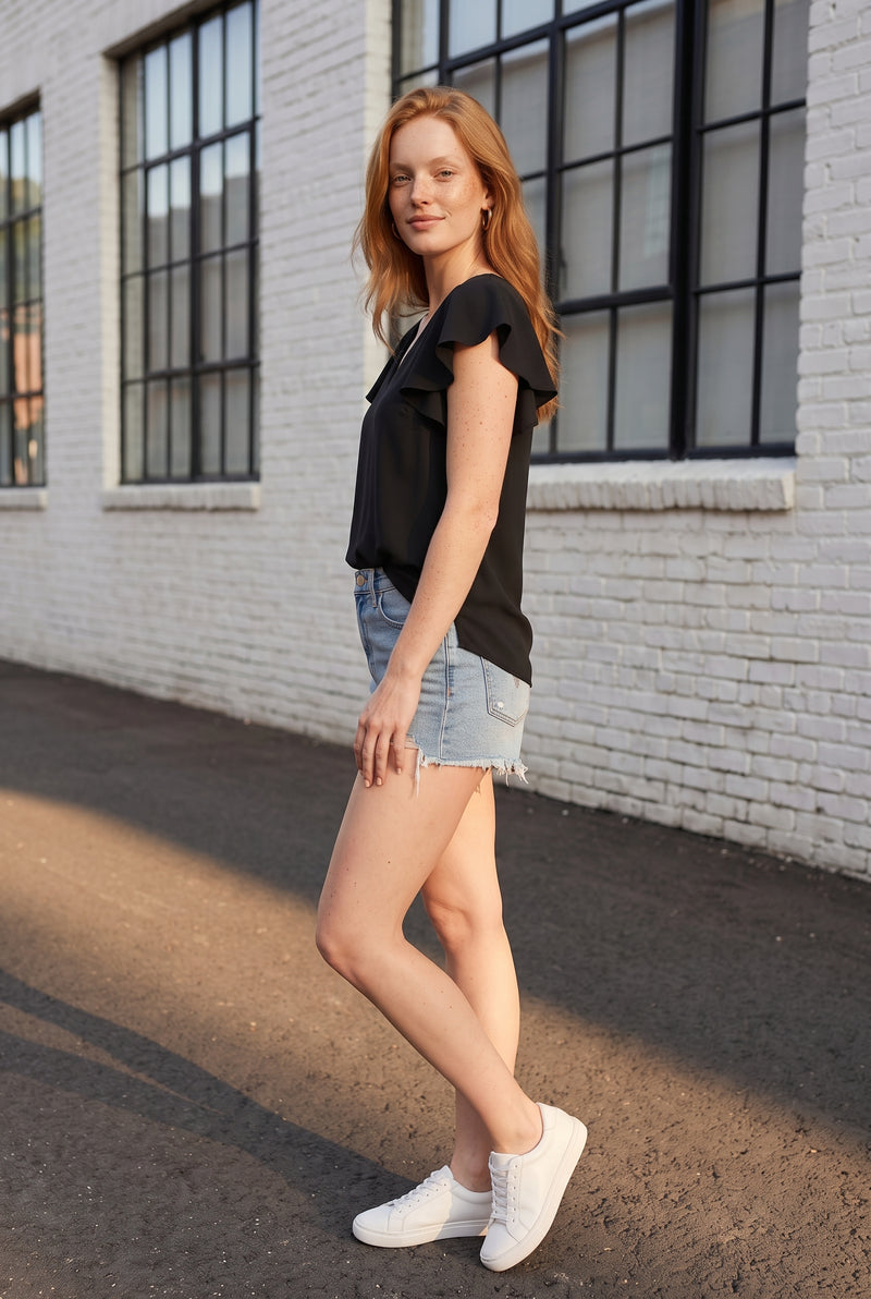 Black V Neck Top with Flounced Short Sleeves – photo 4