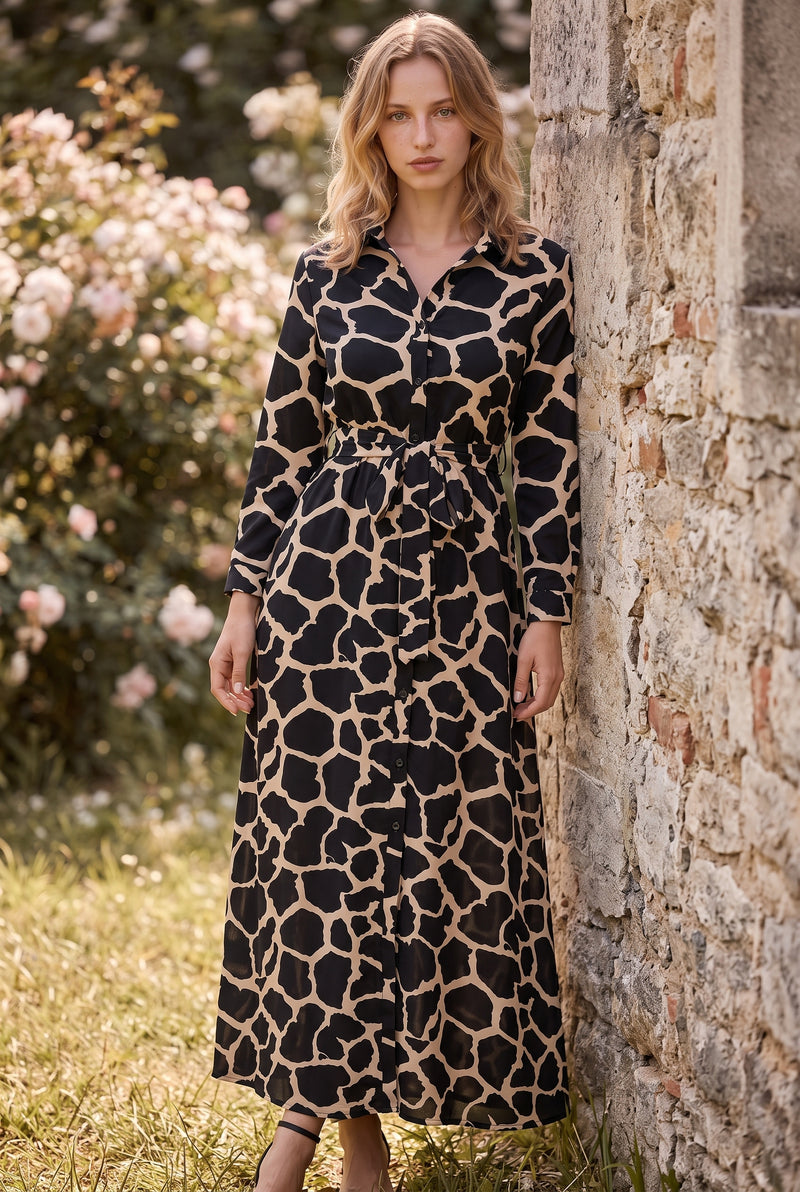 Leopard Print Long Sleeve Maxi Dress with Belt in black