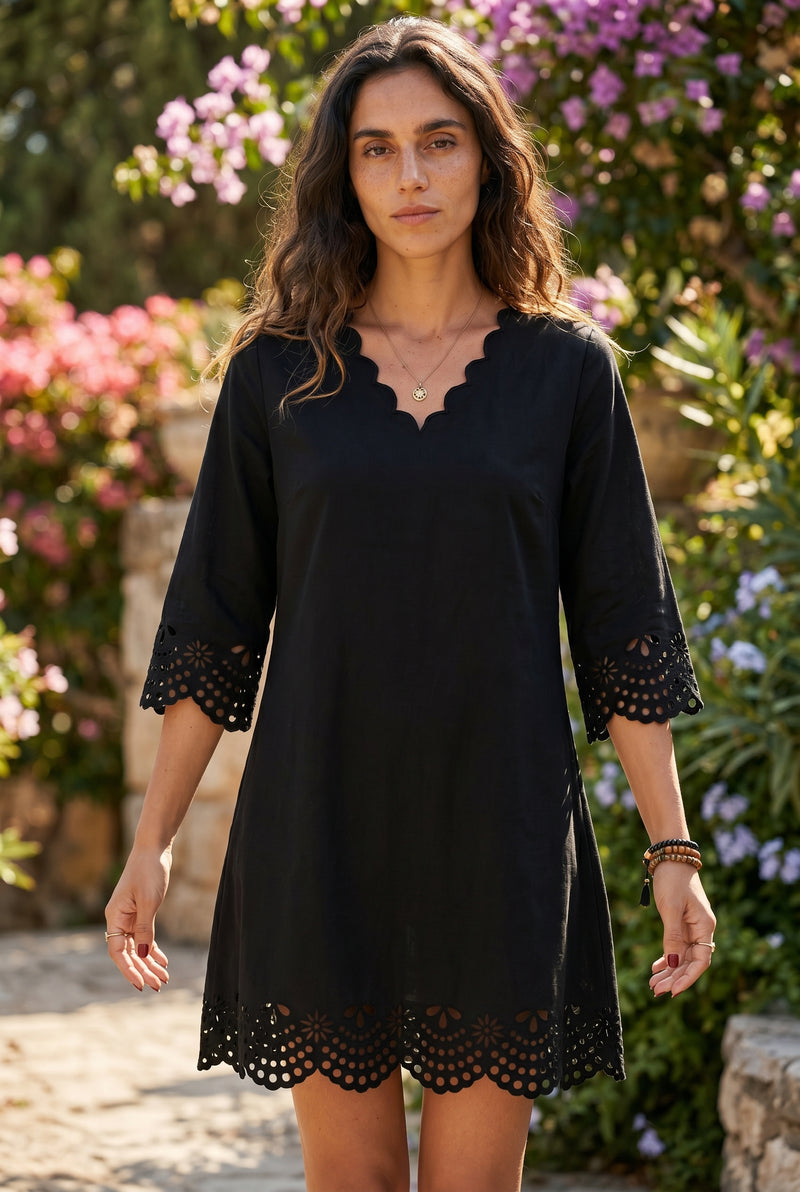 Black Mini Dress with V-Neck and Cutwork Hem – photo 5