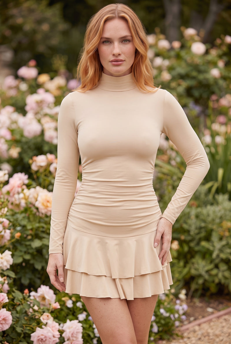 Langarm Minikleid mit Rollkragen und Rüschen in Beige – Foto 4