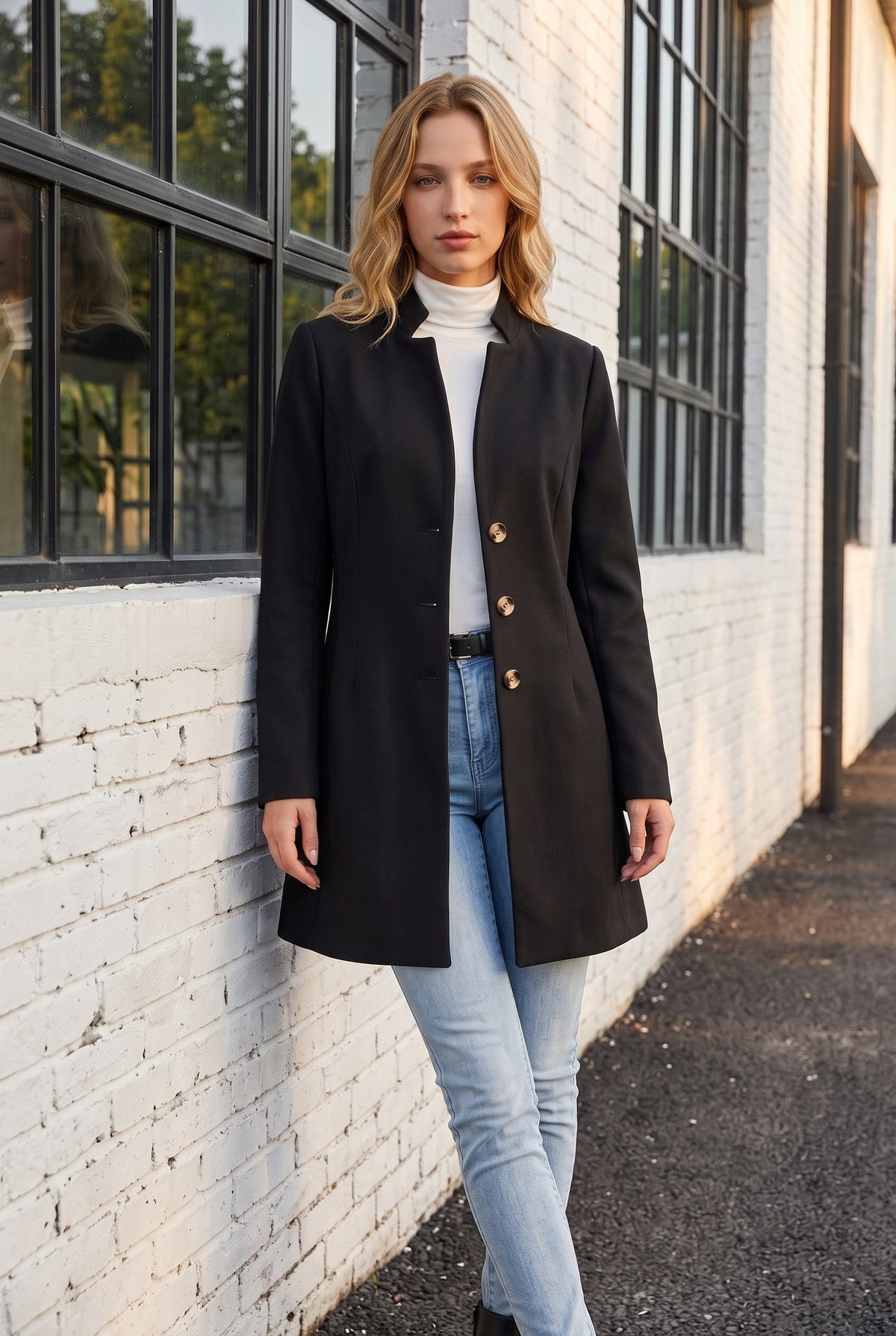 Black Buttoned Coat with Mandarin Collar and Long Sleeves