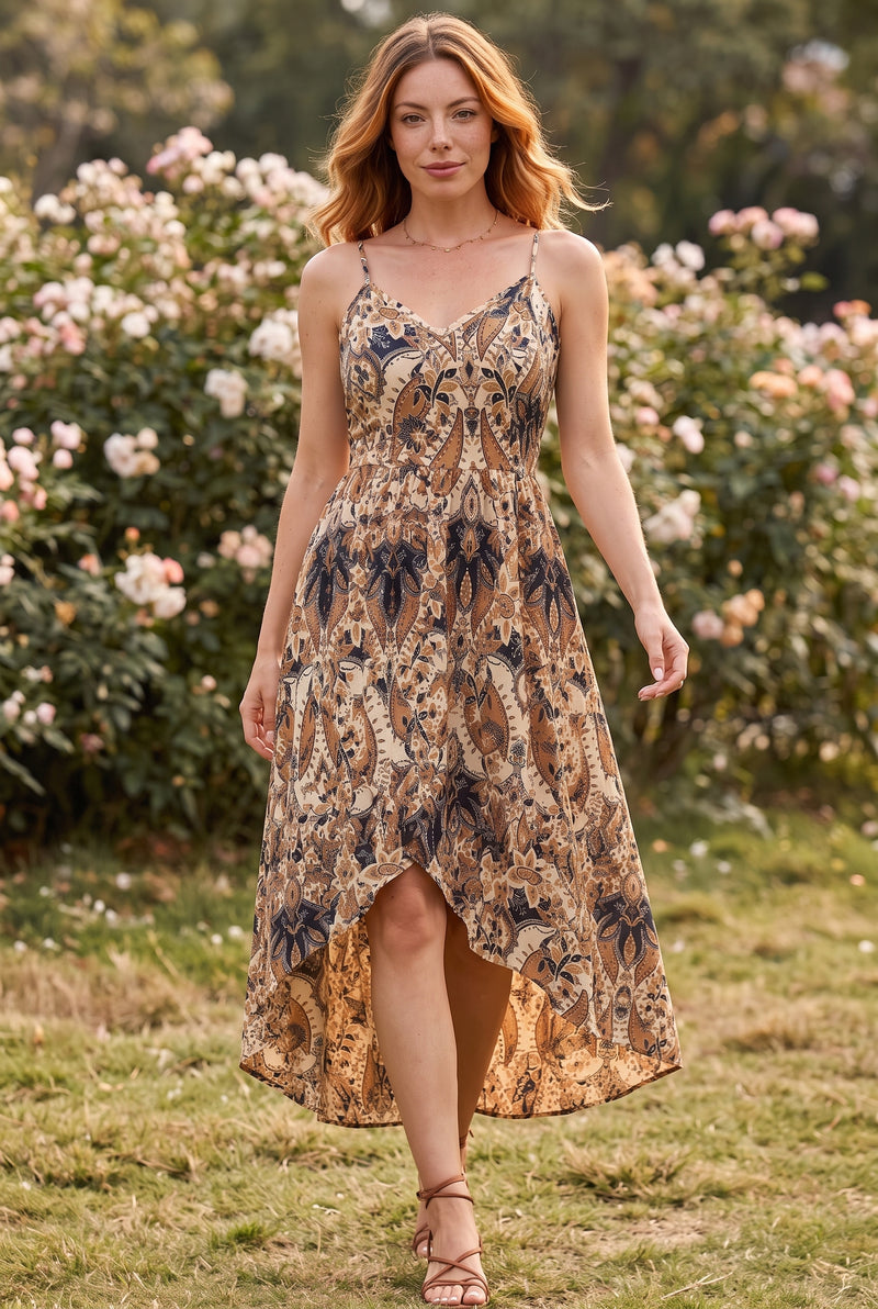Gemustertes Midikleid mit V-Ausschnitt und asymmetrischem Saum in Beige – Foto 3
