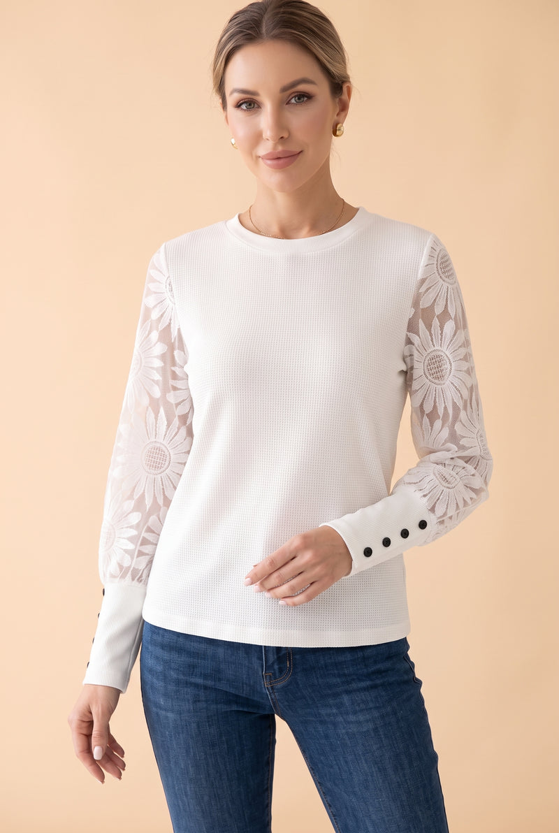 White Lace Long Sleeve Top with Waffle Body – photo 5