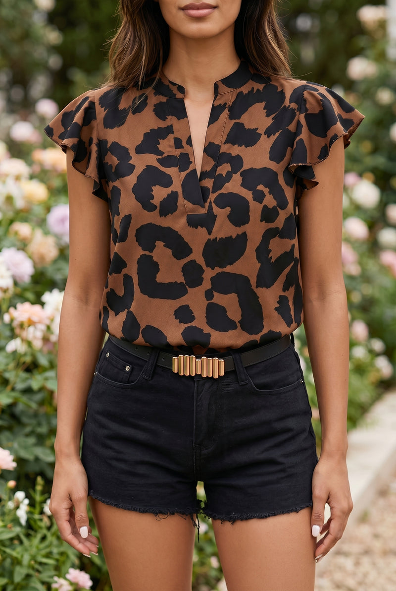 Brown Leopard Print V Neck Top with Ruffled Sleeves – photo 3