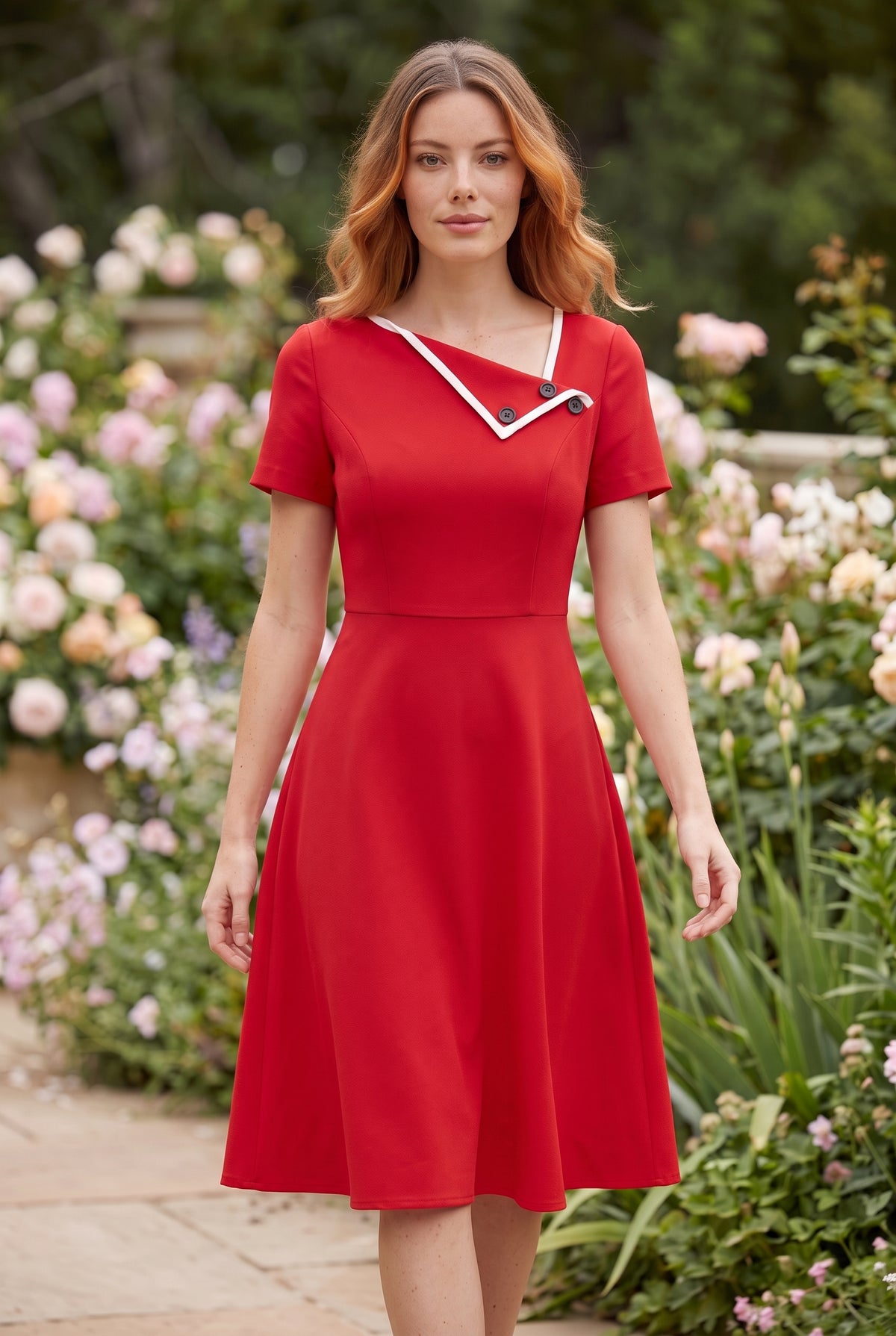 Kurzarm Midikleid mit asymmetrischem Ausschnitt in Rot – Foto 3