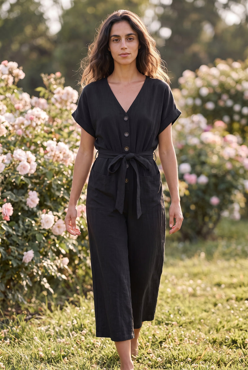 Short Sleeve V Neck Wide Leg Jumpsuit in black – photo 3