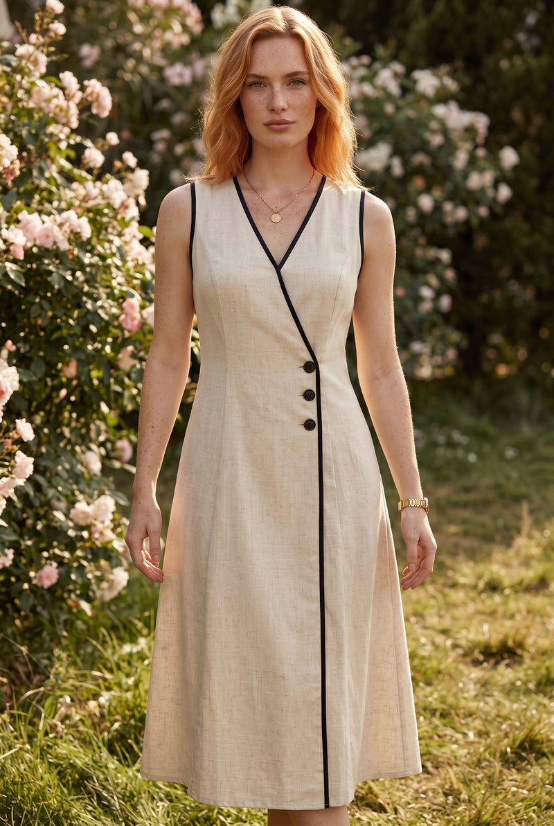 Sleeveless Linen Wrap Midi Dress with Contrast Piping in beige – photo 5