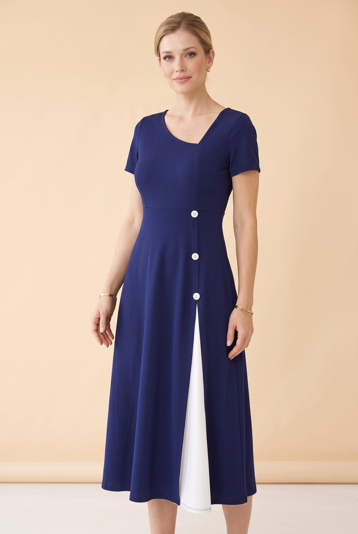 Short Sleeve Asymmetric Neck Midi Dress with Buttons in navy – photo 5