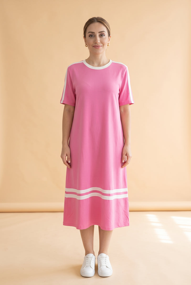 Short Sleeve Crew Neck Midi Dress with Contrast Trim in pink