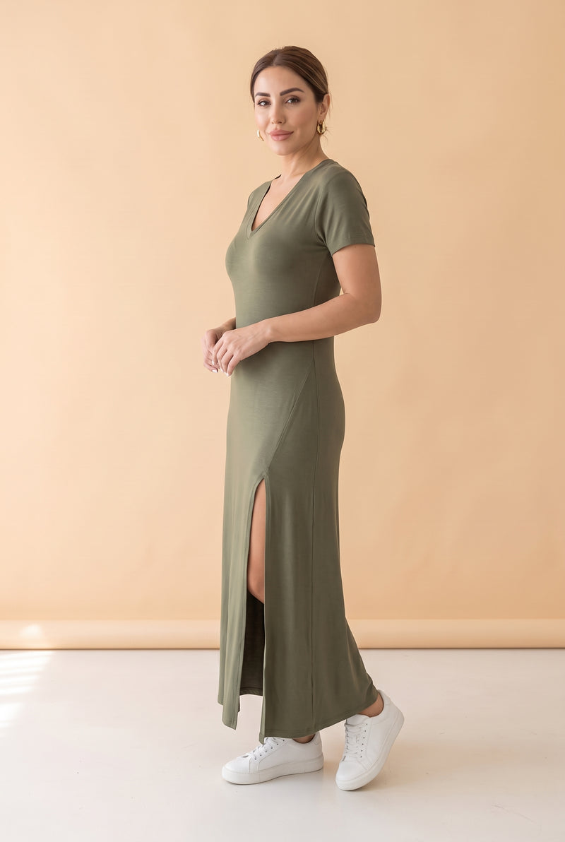 Short Sleeve V-Neck Viscose Maxi Dress with Slit in khaki – photo 2