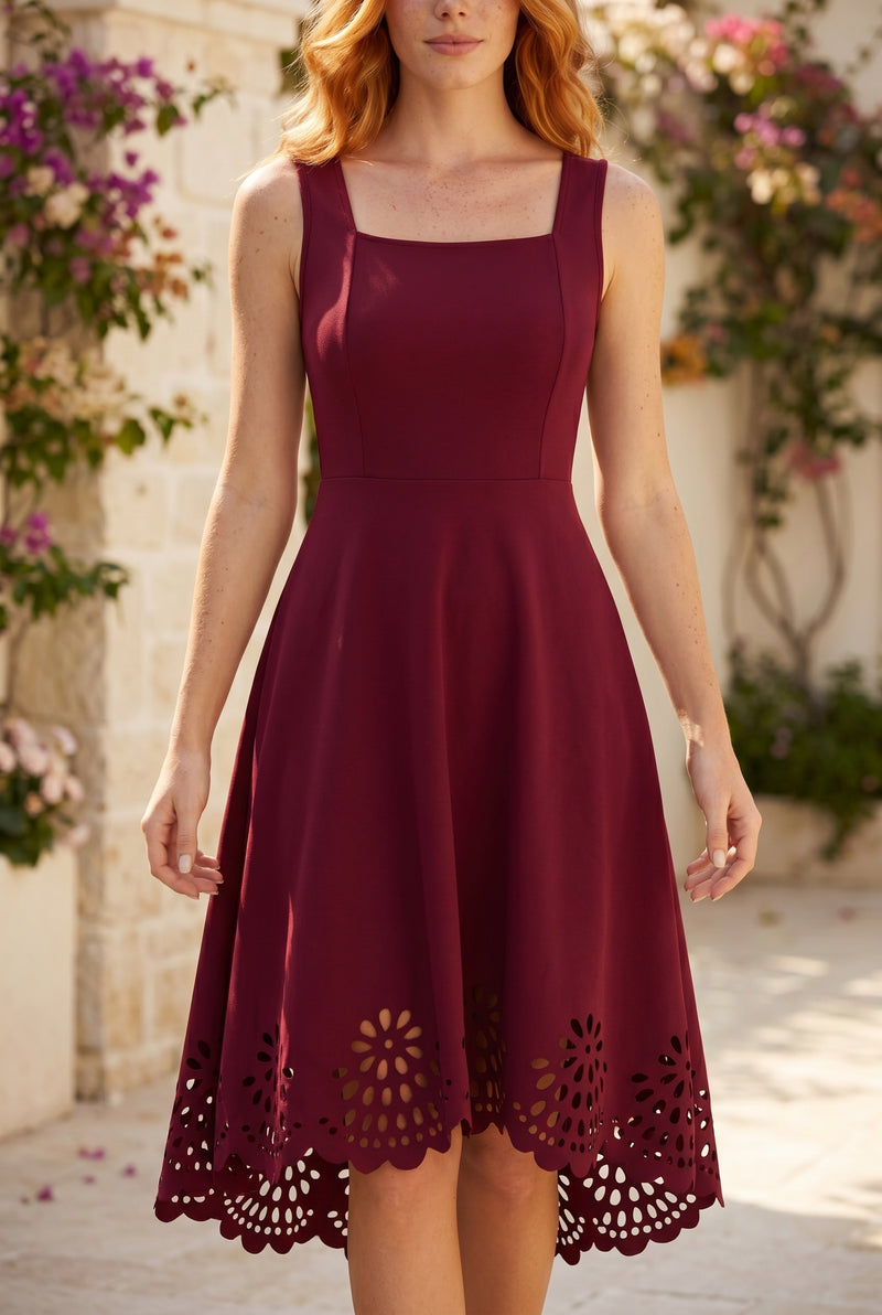 Square Neck A Line Midi Dress with Laser Cut Hem in red – photo 5