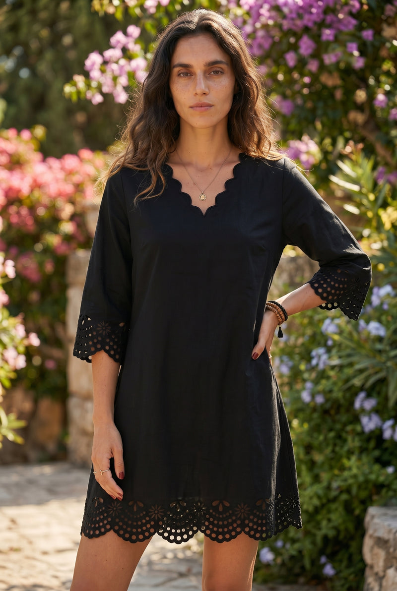 Black Mini Dress with V-Neck and Cutwork Hem – photo 4