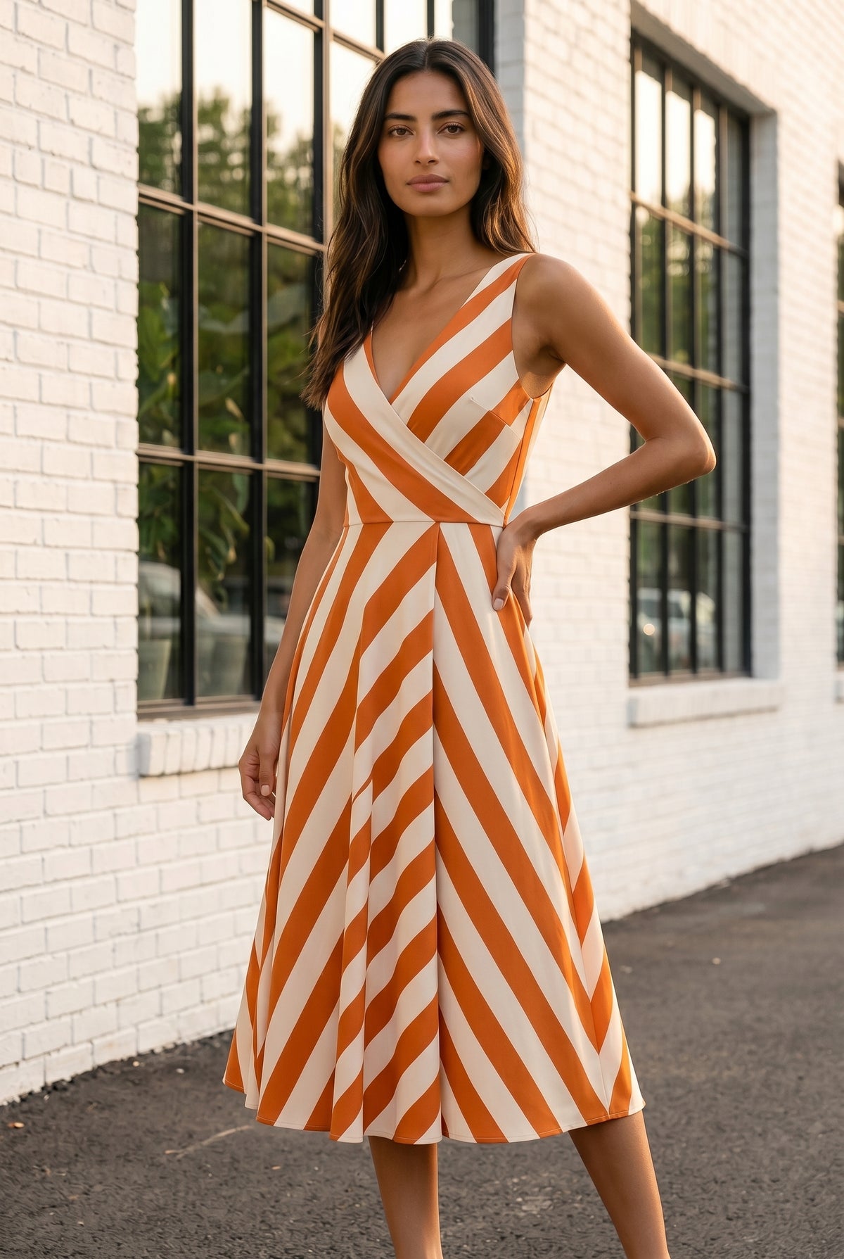 Gestreiftes Ärmelloses Midikleid mit Wickelausschnitt und Gürtel in Orange – Foto 5
