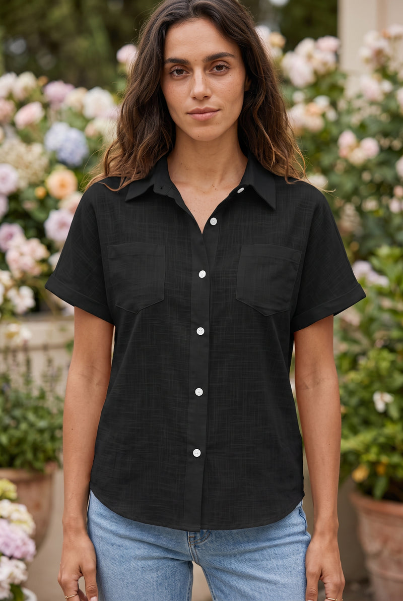 Chemise Manches Courtes Boutonnée à Poches, coloris noir – photo 5