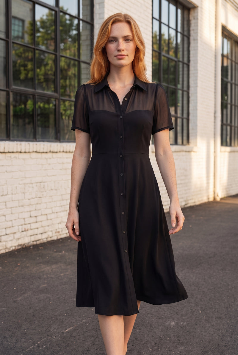 Black Midi Dress with Short Sleeves and Sheer Yoke – photo 3