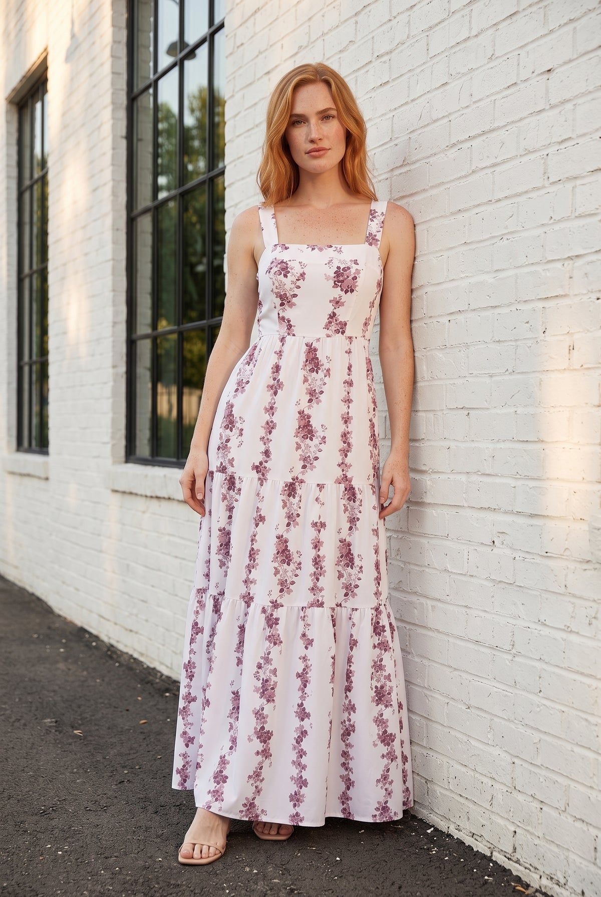 Floral Square Neck Strappy Maxi Dress in burgundy
